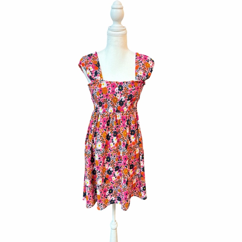 Glo Fashion London Floral Smocked Sundress Small Cottagecore Square Neck Dress